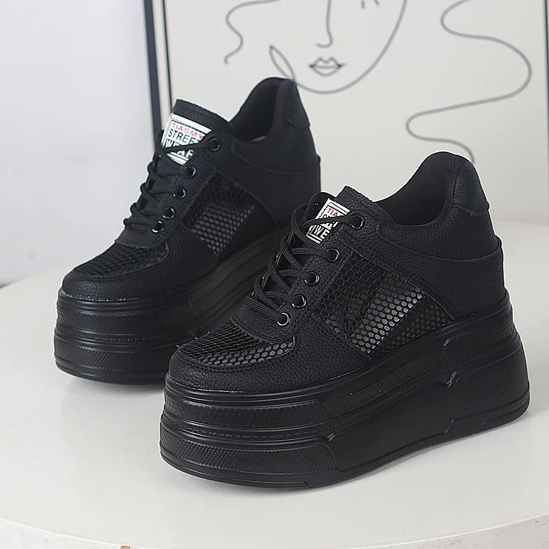 Women’s Genuine Leather Platform Sneakers – 12CM Wedge Casual Breathable Hidden Heel Zapatillas Mujer