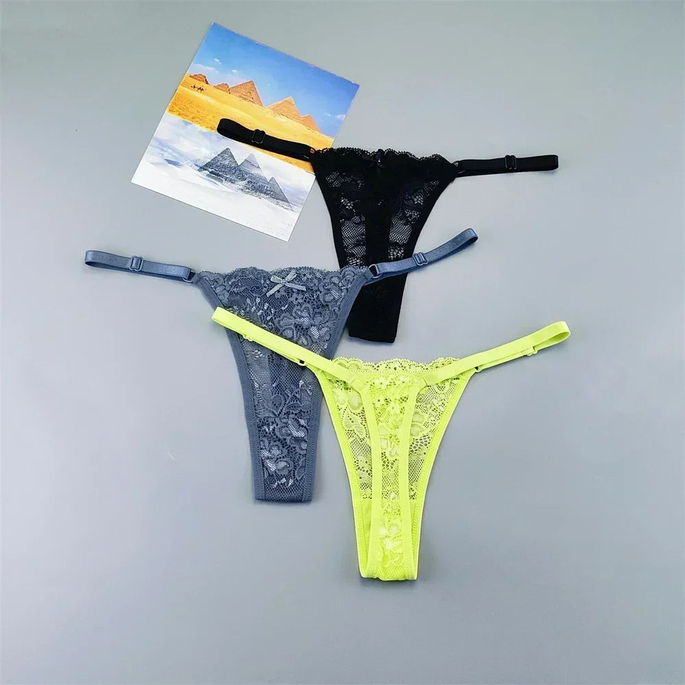 Women's Transparent Lace Thong Set - 3PCS Adjustable Low Waist Sexy T-Back Underwear