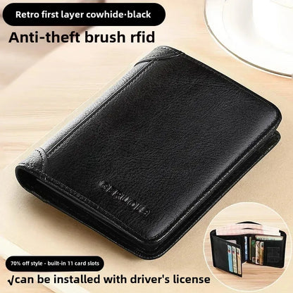 Genuine Leather Men’s RFID Blocking Trifold Wallet – Vintage Thin Short Multi-Function Card Holder ID Window Male Purse Money Wallet