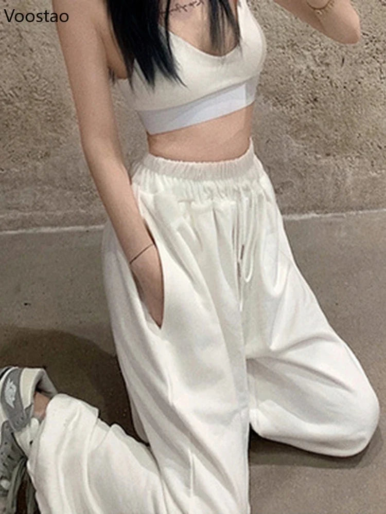 Women's White Wide Leg Jogger Sweatpants - Casual Fashion Sports Ankle-Length Trousers