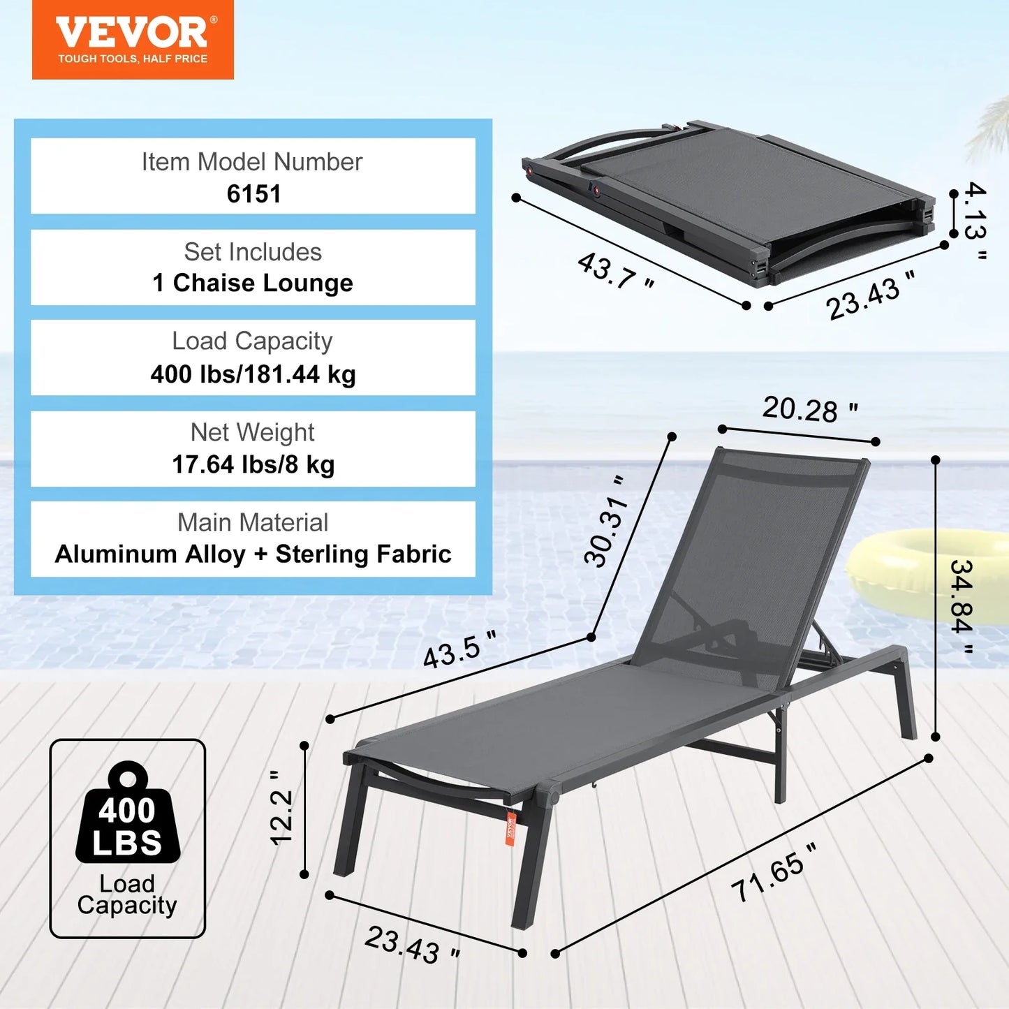 SucceBuy Outdoor Aluminum Chaise Lounge Chair — Folding Patio Pool Recliner, Full Flat Sun Lounger in Dark Grey