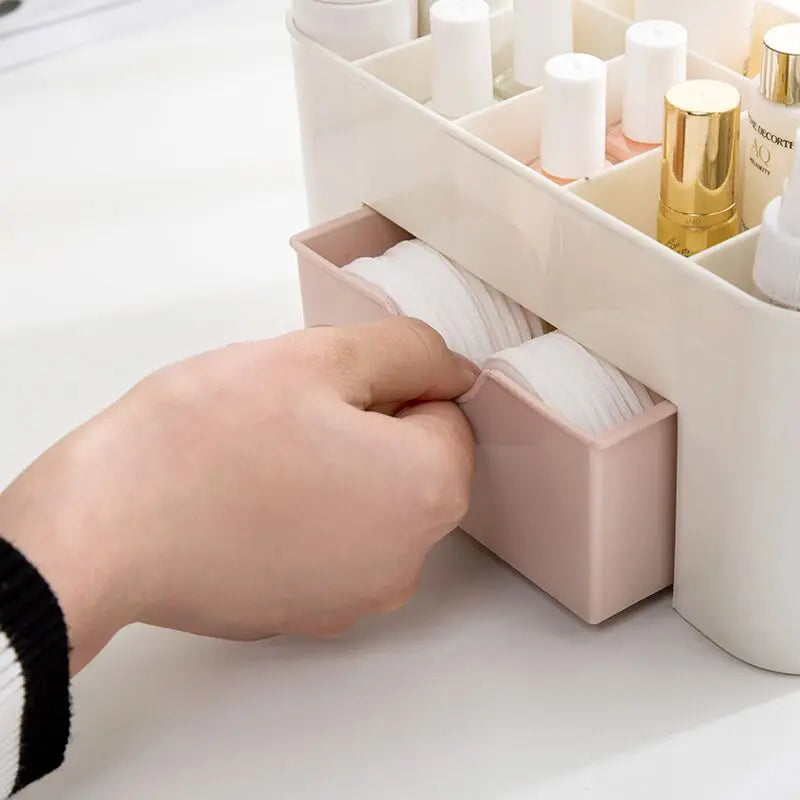 Acrylic Makeup Organizer Box - Cosmetic Storage Drawer with Lipstick, Brush & Cotton Swab Holder