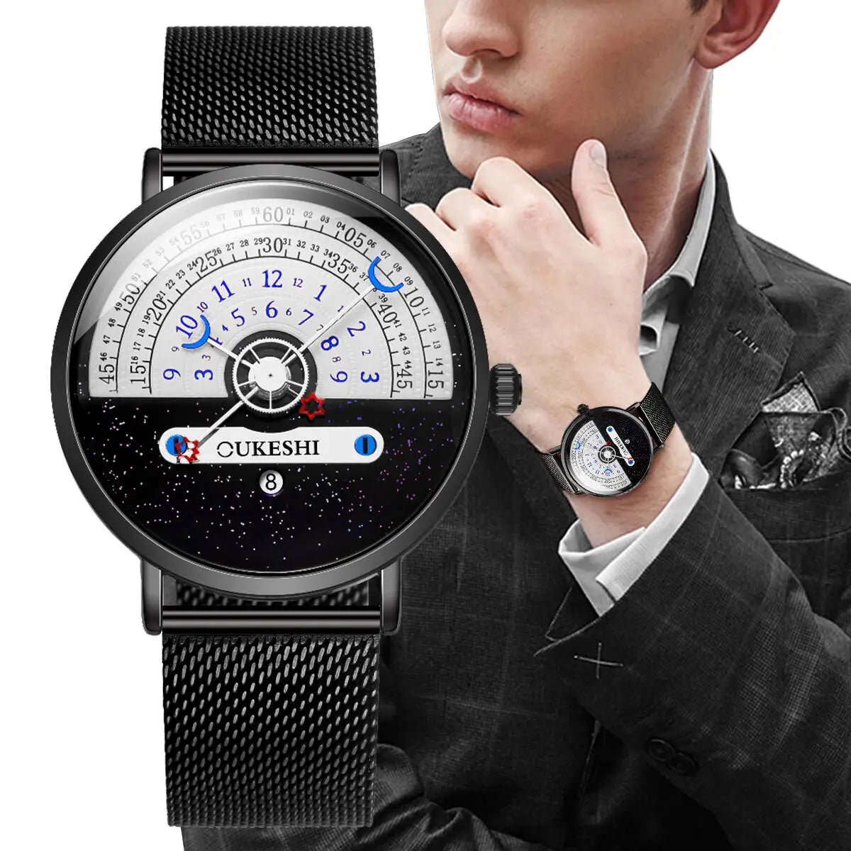 Men’s Fashion Mesh Band Quartz Watch — Business Wristwatch with Calendar Reloj Hombre