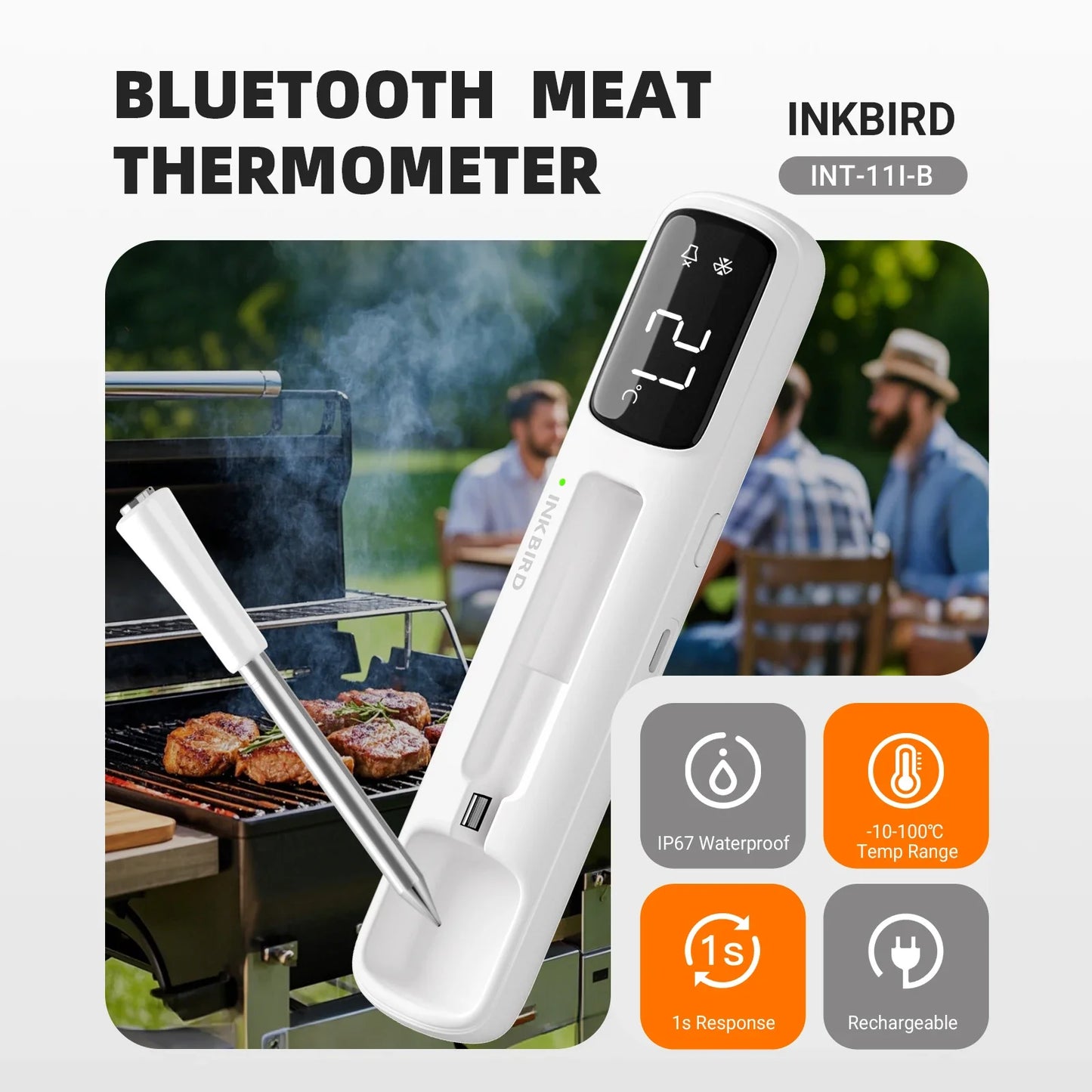 INKBIRD INT-11I-B Mini Wireless Meat Thermometer — Bluetooth 5.4, 1000ft Range, 1s Response, IP67, 26 Presets with LED Display for BBQ & Grill