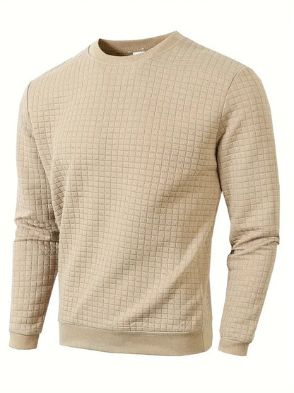 Men's Crew Neck Knit Sweater - Solid Color Jacquard Check Pullover Warm Casual Streetwear Top