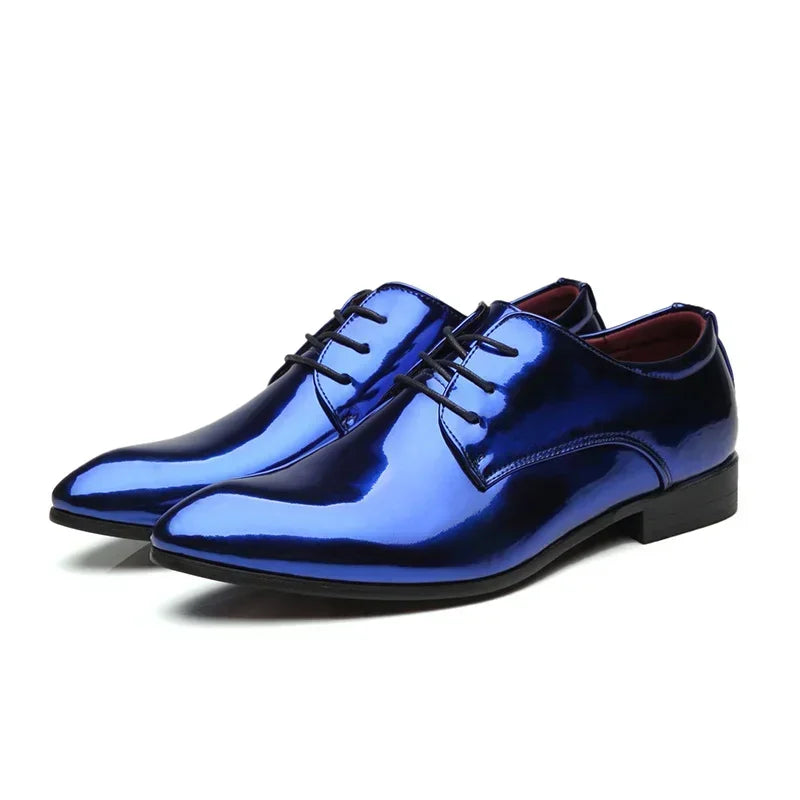 Fashion Patent Leather Men’s Wedding Oxfords - Designer Pointed Toe Dress Shoes Gold Blue Red White Sizes 37-48