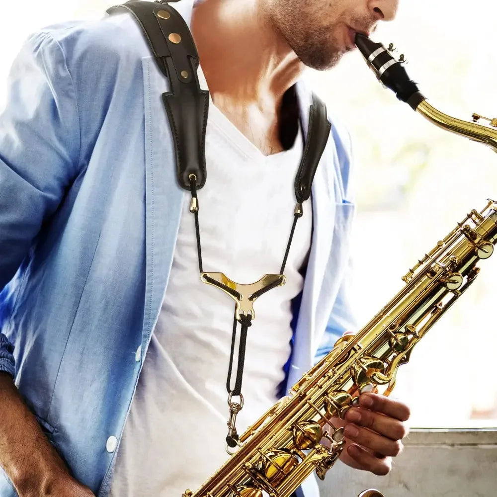 Leather Saxophone Neck Strap - Aluminum Plate Shoulder Support Strap for Alto, Tenor & Baritone Saxophones