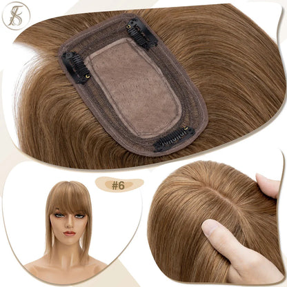 TESS Women Human Hair Topper With Bangs - 7x12.5cm Silk Base Clip In Hair Extension Natural Wigpiece
