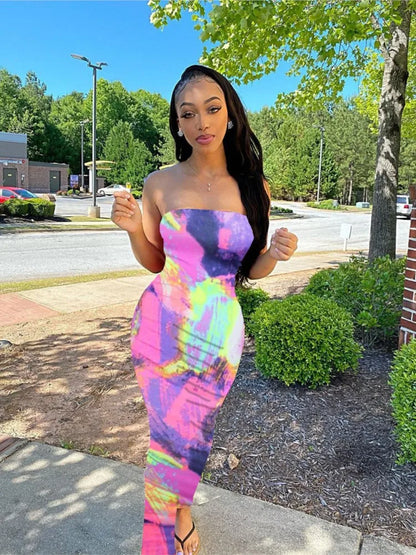 Women’s Off Shoulder Printed Maxi Dress - Slim Fit Bandage Chest Wrap Summer Party Dress