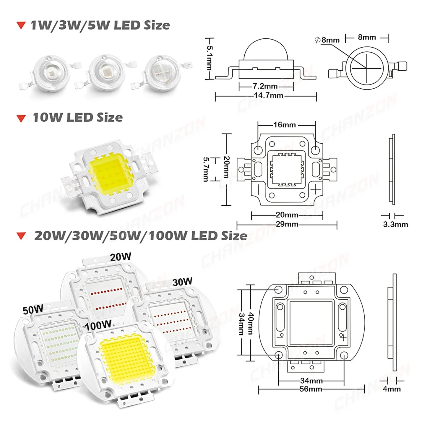High Power COB LED Chip - 1W-100W Square Light Matrix Module in Warm Cool White RGB Colors