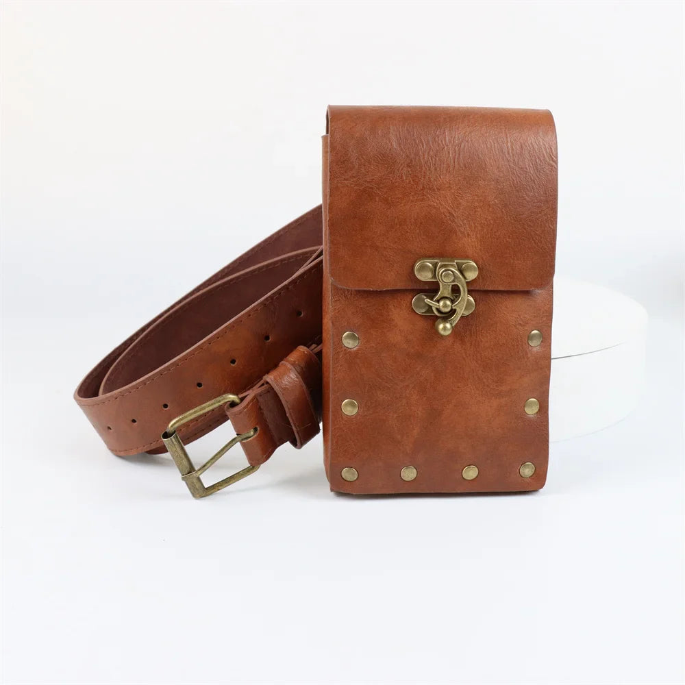 Medieval Steampunk Leather Waist Belt Pouch – Viking Knight Cosplay & Motorcycle Bag