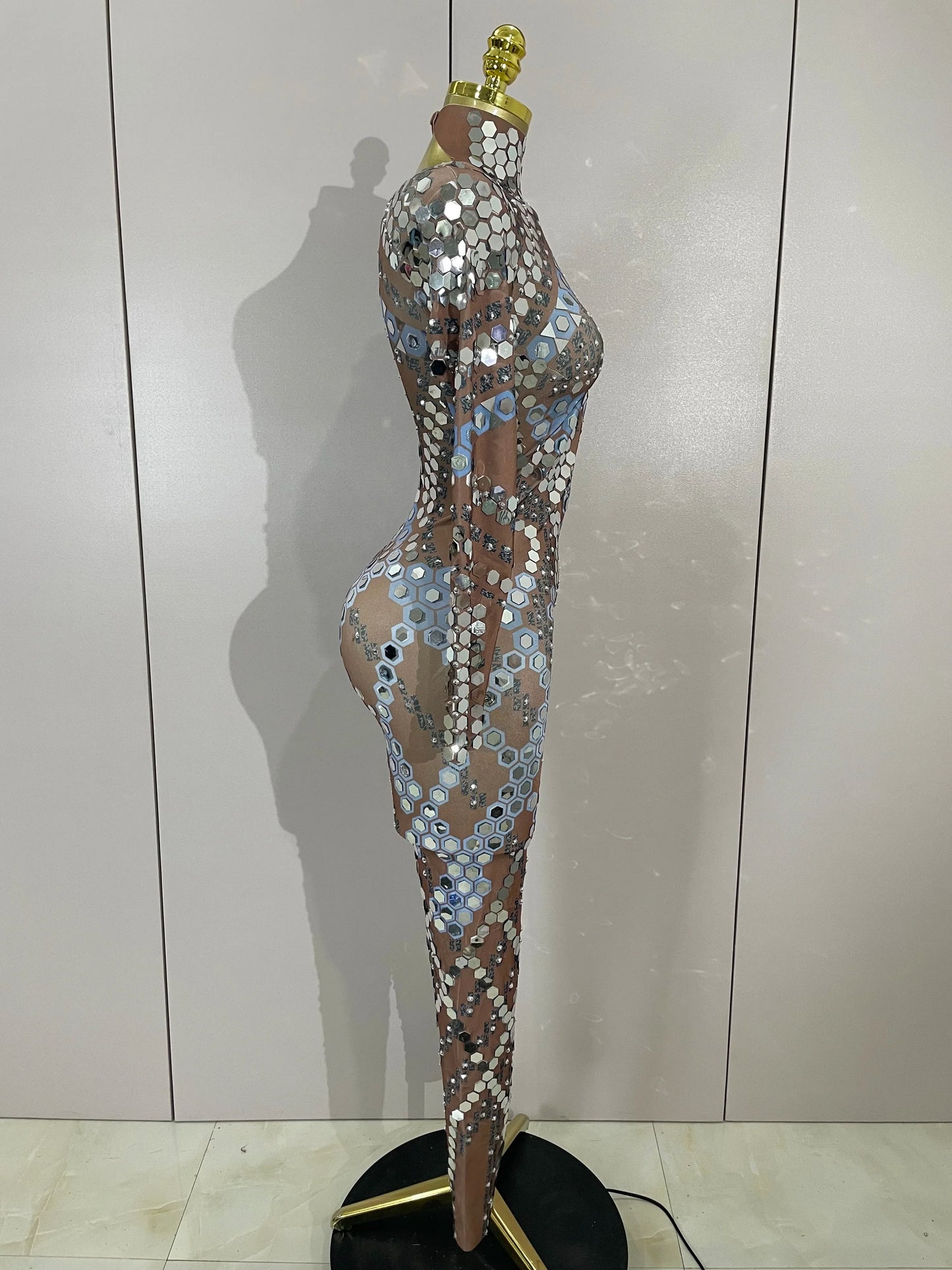 Sexy Shiny Silver Sequin & Black Spandex Jumpsuit — 2025 Women’s Prom, Dancer & Stage Performance Costume