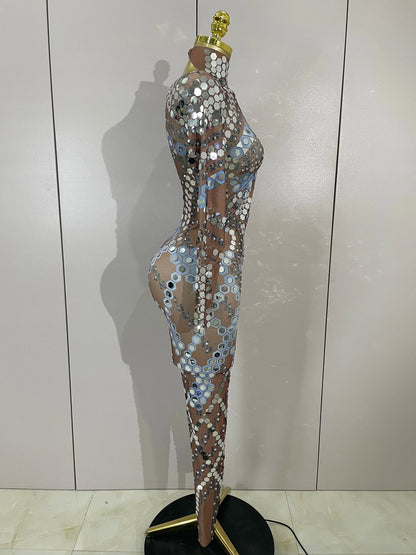 Sexy Shiny Silver Sequin & Black Spandex Jumpsuit — 2025 Women’s Prom, Dancer & Stage Performance Costume