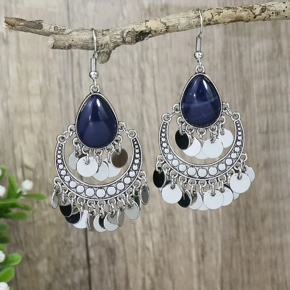 Blue Alloy Turquoise Bohemian Earrings - Retro Geometric Multi-Layer Statement Jewelry