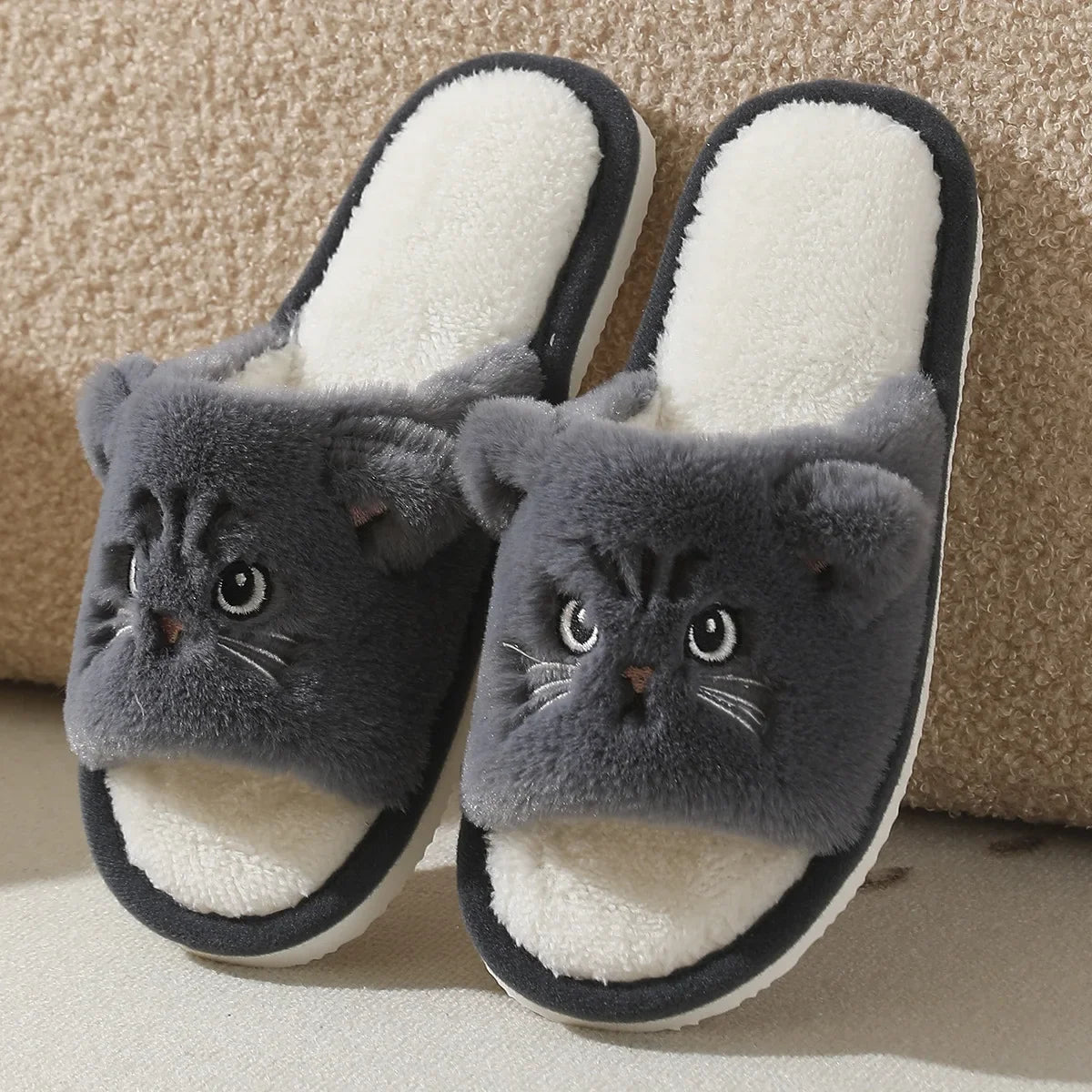 Cartoon Cat Plush Slippers - Women’s Open Toe Faux Fur Indoor Shoes with Non-Slip Wave Sole