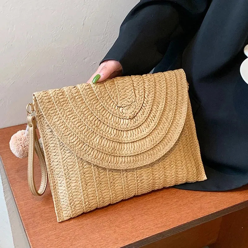 Handmade Straw Beach Bag – Small Woven Summer Shoulder Crossbody Clutch with Hair Ball