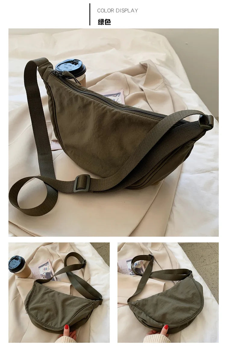 Solid Color Women's Portable Shoulder Bag – Simple Nylon Cloth Padded Crossbody Travel Purse & Messenger Bag