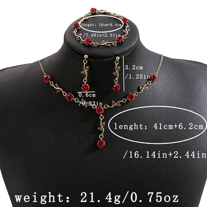 3-Piece Red Rose Jewelry Set - Flower Necklace, Bracelet & Dangle Earrings for Weddings, Valentine's Day & Birthdays