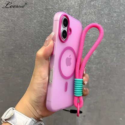 MagSafe Candy Color Lanyard Case - Matte Soft Cover with Hand Wrist Strap for iPhone 16 15 14 13 12 11 Pro Max Plus 16e