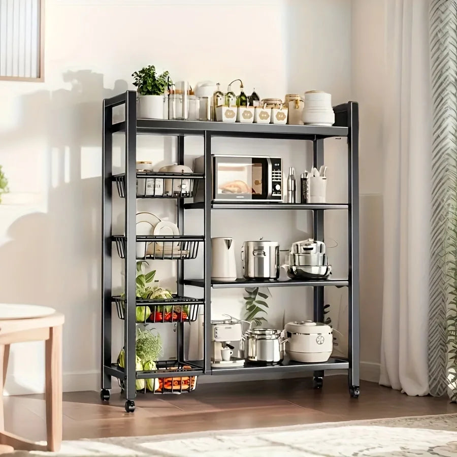 Heavy-Duty 4-Tier Metal Mesh Basket Rack — Rolling Storage Organizer with Locking Wheels for Kitchen & Restaurant Vegetables
