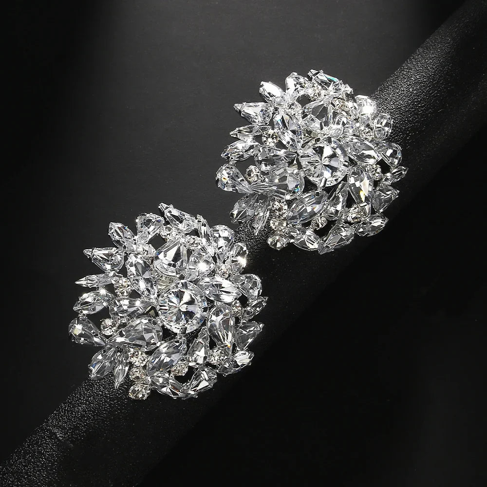 Fashion Round Clip Earrings – Geometric Bling Wedding Jewelry for Women, Rhinestone Clip-On Earrings, No Piercing Christmas Gift