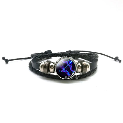 Men’s Zodiac Sign Leather Bracelet | 12 Constellation Black Braided Wrap | Punk Style Multilayer Bracelet for Birthday Gifts