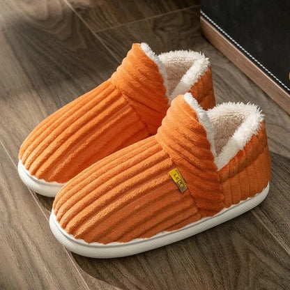 Winter Couple Striped Plush Slippers – Soft Non-Slip Warm Cotton Home Shoes for Men & Women