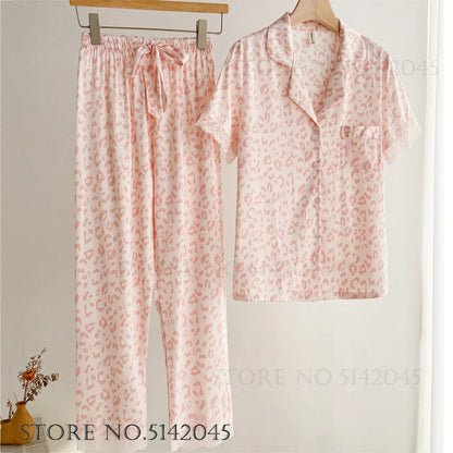 Fashion Floral Print Satin Pajamas Set for Women – Spring Summer Loose Sleepwear Loungewear Homewear Suit