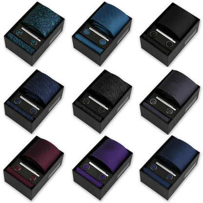Men’s Fashion Tie Set Gift Box - 8cm Necktie with Handkerchief Cufflinks & Clip for Formal Business Suit Accessories