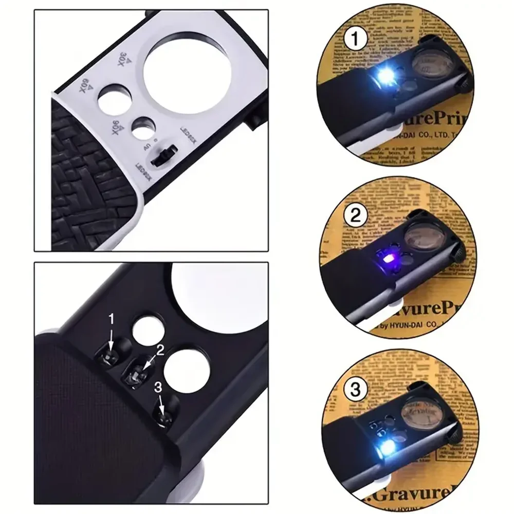 30X-90X LED UV Jewelry Loupe - Portable Triplex Magnifier for Gemology Micro Engraving and Precision Inspection