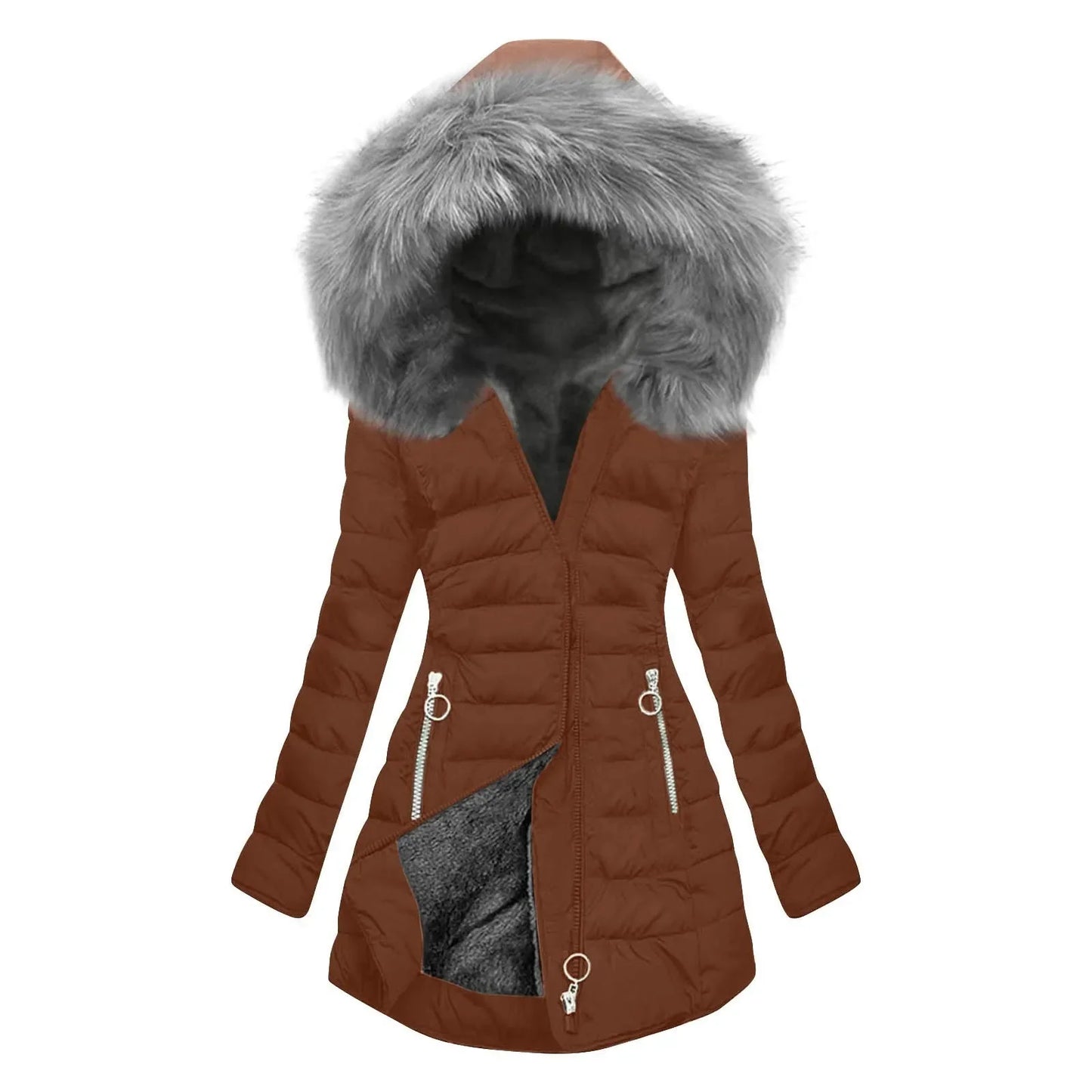 Women’s Plus Size Quilted Long Coat – Lined Mid-Length Hooded Winter Jacket, Warm & Windproof Outerwear
