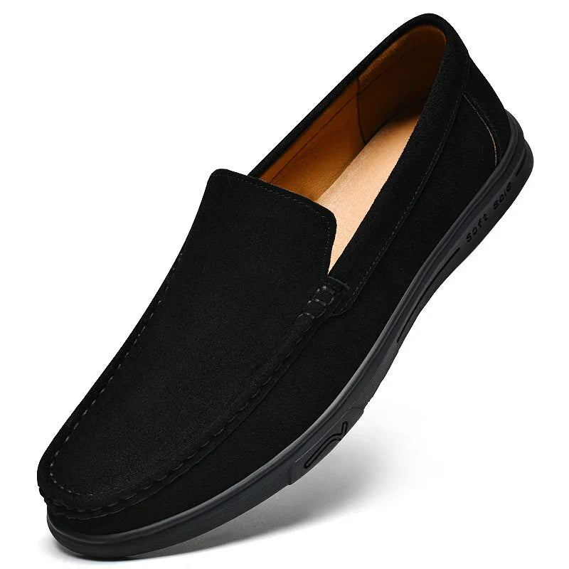 Men's Suede Leather Loafers - Black Slip-On Casual Driving & Business Shoes in Large Sizes
