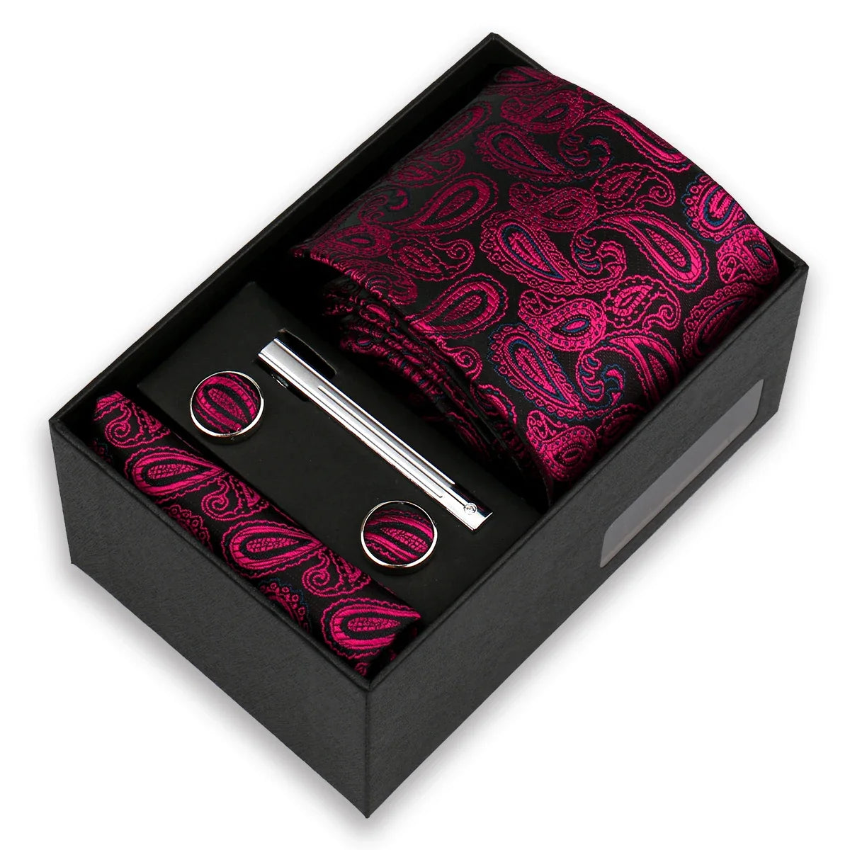 Men's Tie & Cufflink Gift Set - 8cm Necktie Handkerchief Clip Box for Formal Business Suits