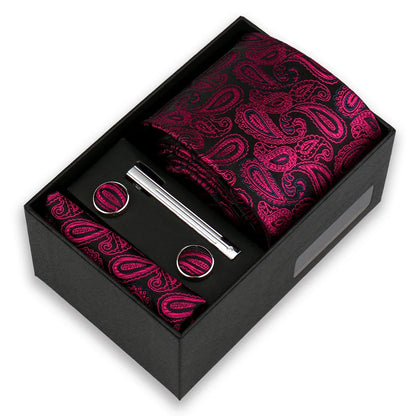 Men’s Fashion Tie Set Gift Box - 8cm Necktie with Handkerchief Cufflinks & Clip for Formal Business Suit Accessories