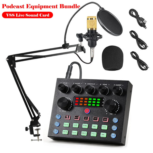 V8S Live Sound Card Microphone Bundle - Podcast Recording Equipment Kit for Music, DJ, Disco & Live Streaming