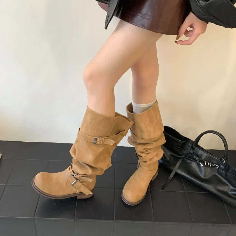 Eilyken Women’s Over-the-Knee Boots – Round Toe Punk Style with Pleated Buckle Strap, Low Square Heels for Autumn Winter