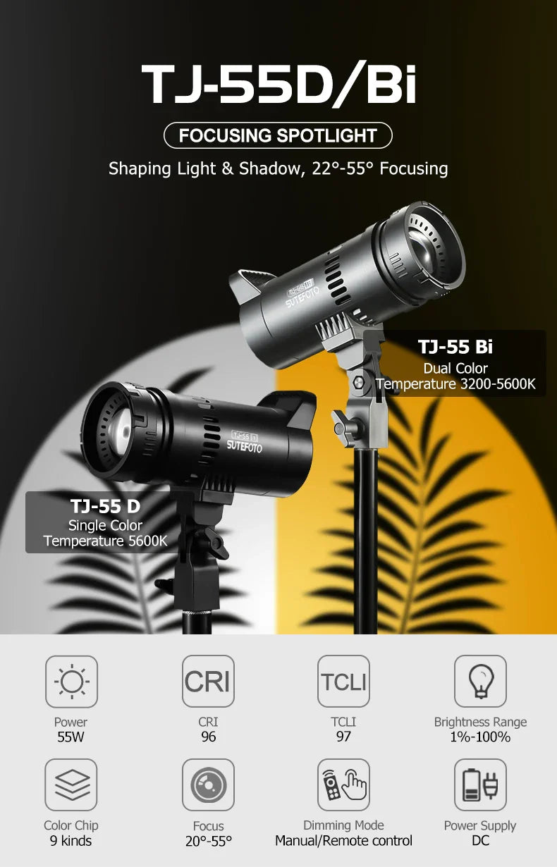 Sutefoto TJ55 Bi-Color LED Video Light - 55W COB Photographic Light, 3200K-5600K, Portable Fill Light for Video & Live Streaming