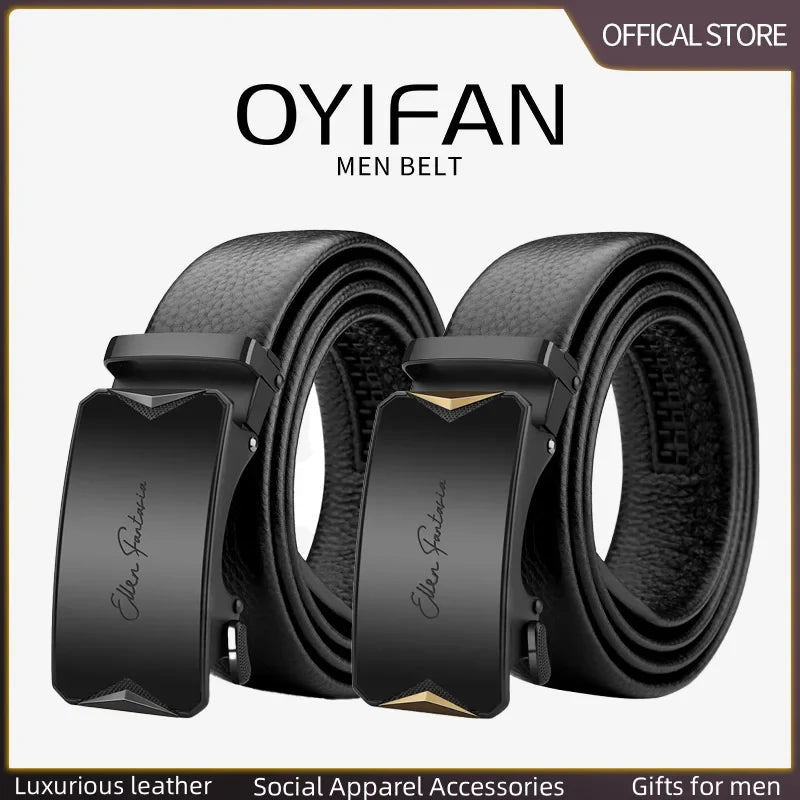 OYIFAN Men’s Genuine Leather Belt – Designer Alloy Buckle Automatic Ratchet Belt