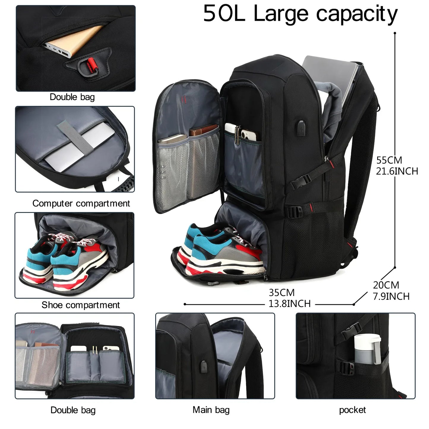 Men's 50L Waterproof Travel Backpack | Large Capacity Hiking and Camping Backpack | Carrying Bag with Shoe Compartment
