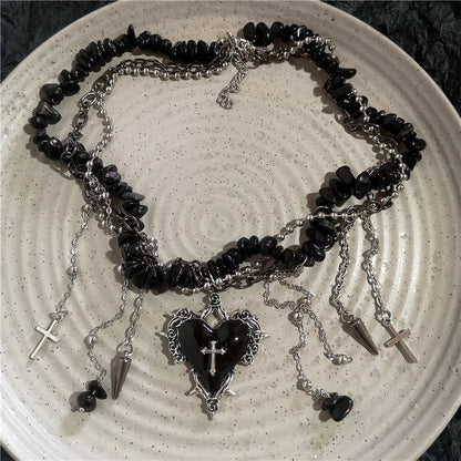 Goth Y2K Heart Cross Choker Necklace - Dark Red Stone Bead Punk Grunge Jewelry for Women Halloween Style
