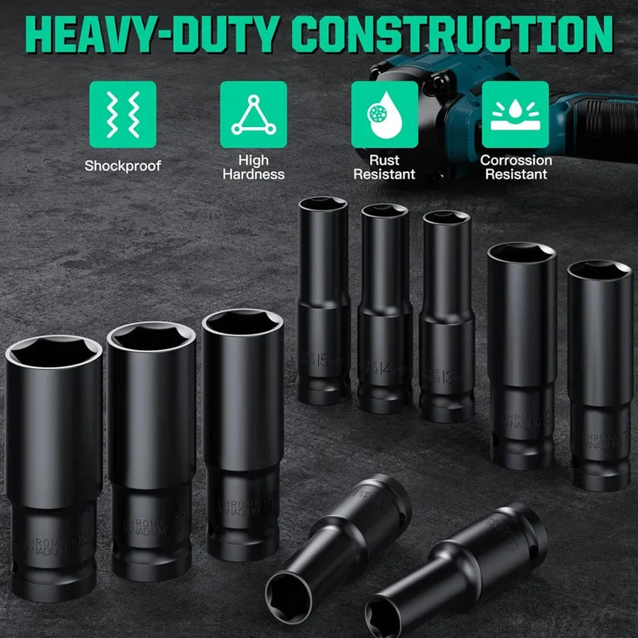 1/2-Inch Drive Impact Socket Set - 6-Point Metric Carbon Steel Sockets with Storage Case
