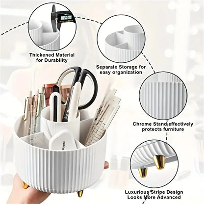 360° Rotating Makeup Organizer - 5 Compartment Plastic Cosmetic Holder for Brushes & Beauty Storage