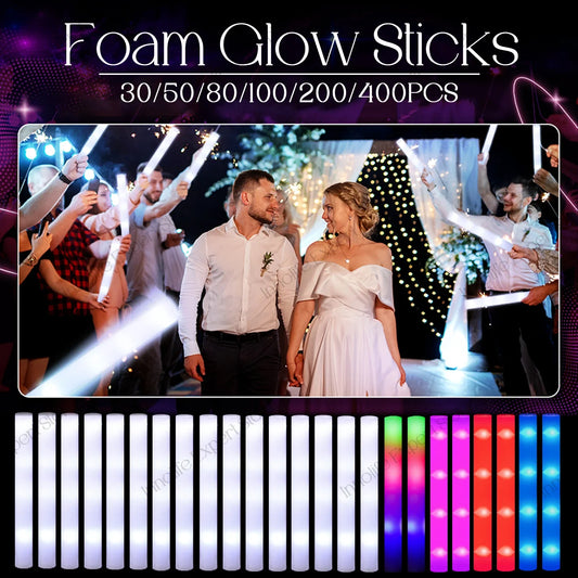 400-30PCS LED Foam Glow Sticks – 3 Modes Party Supplies for Weddings, Birthdays, Concerts, Halloween & Christmas