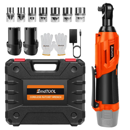 3/8 Inch Cordless Electric Wrench | 90° Right Angle Ratchet with 12V Rechargeable Batteries, 7 Sockets for Car Repair