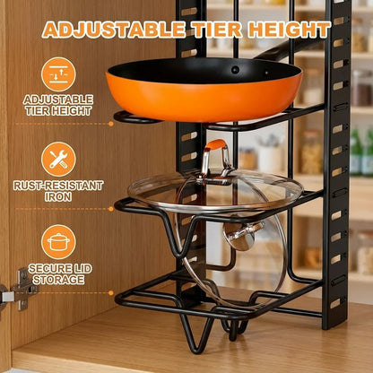 8 Tier Pot Rack Organizer - Space Saving Metal Holder for Pots, Pans & Lids Kitchen Storage Rack