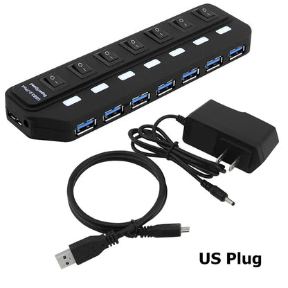 7-Port USB 3.0 Hub - High Speed 5Gbps Splitter with Power Switch & Long Cable for Multiple Device Expansion
