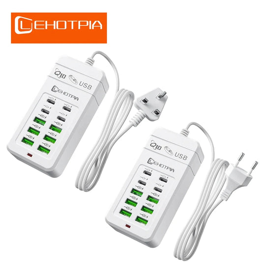 10-Port USB Fast Charger Adapter - EU UK US Plug Power Station with 6 USB-A & 4 USB-C Ports Extension Cord