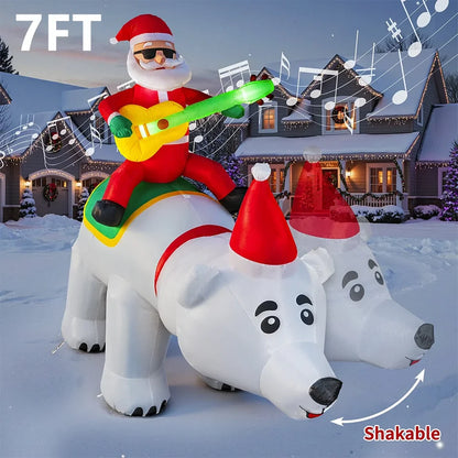 7FT Inflatable Santa Claus Decoration – LED Lights, Riding Bear with Shaking Head, Music & Blow-Up Xmas Party Model