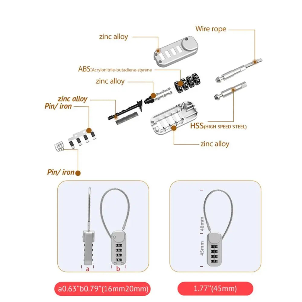 Portable 4-Digit Combination Lock – Zinc Alloy Anti-Theft Wire Rope Padlock for Luggage & Backpack Zippers
