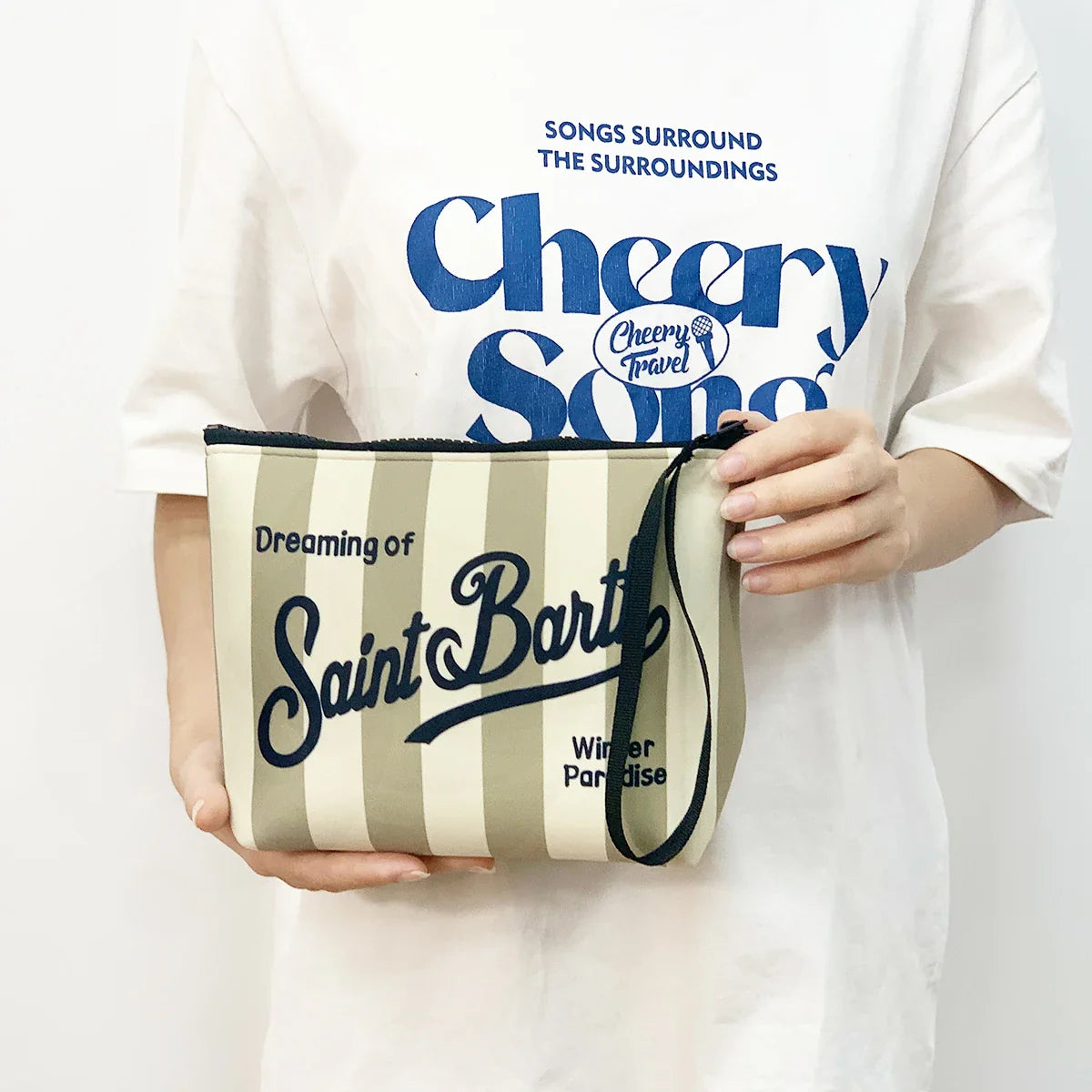 S-Saint B-Barth Striped Neoprene Zip-Up Clutch – Unisex Cosmetic & Toiletry Makeup Bag for Women